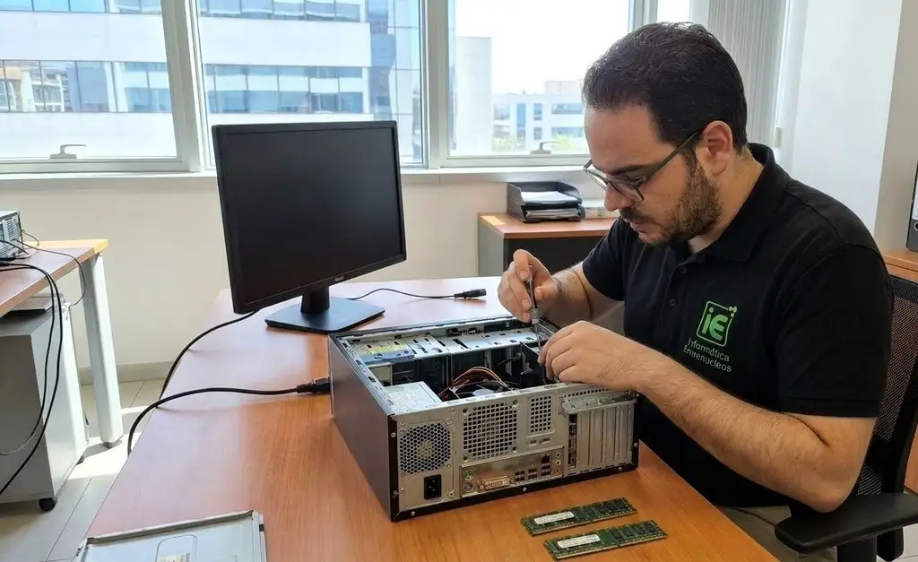 Técnico instalando un módulo de memoria RAM en un portátil durante un servicio de reparación en Dos Hermanas